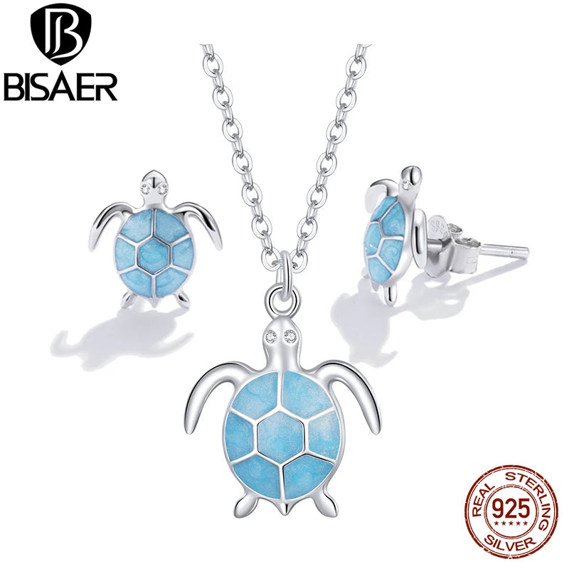 BISAER 100% 925 Sterling Silver Turtle Jewelry Set Collier Boucles d'oreilles Plaqué Platine Pour Femmes Beach Party Fine Jewelry Cadeau