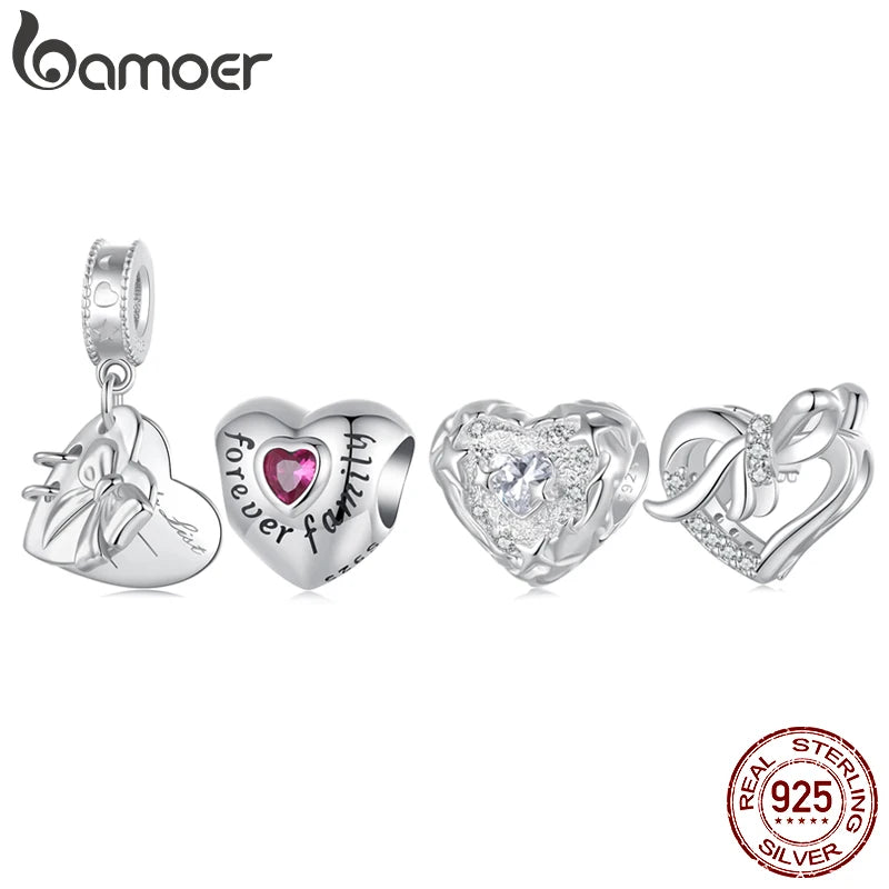 BAMOER 2024 New 925 Sterling Silver Heart Series Charm Beads fit Original Bracelet DIY Bamoer Charm for Jewelry Making Christmas