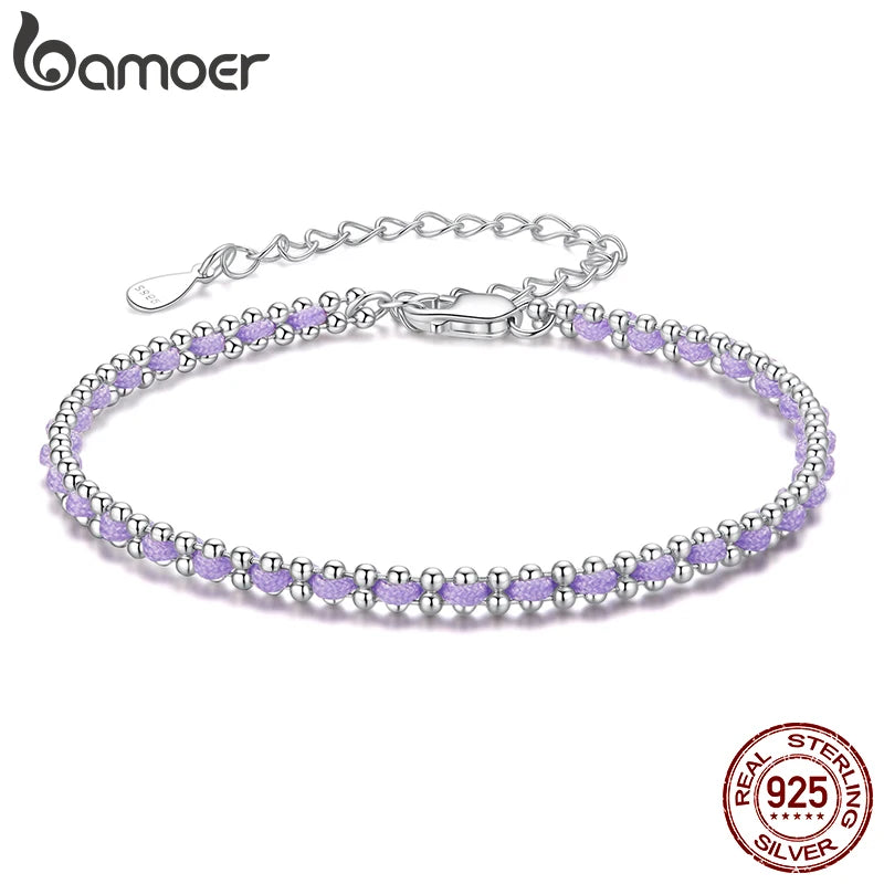 Bamoer 925 Sterling Silver Handmade Knot Beads Chain Bracelet Purple Cotton Cord Bracelet for Women Teens Healing Party Gift