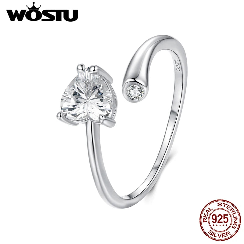WOSTU Elegant Dainty S925 Sterling Silver Heart Ring For Women, Minimalist Jewelry Heart Zircon Open Rings Perfect Gift for Her