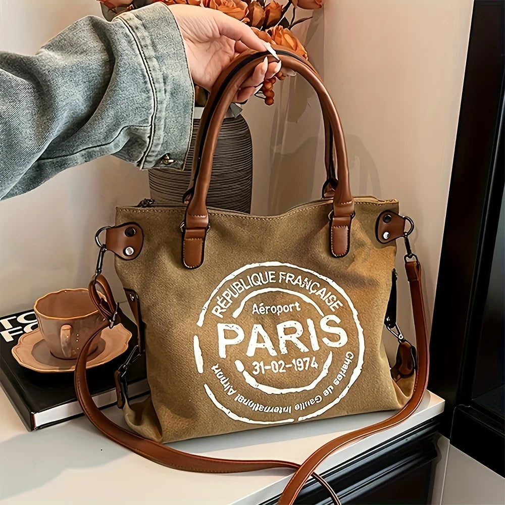 Vintage Canvas Tote Bag, Large Capacity, Water-Resistant with Adjustable Straps & Zipper Closure