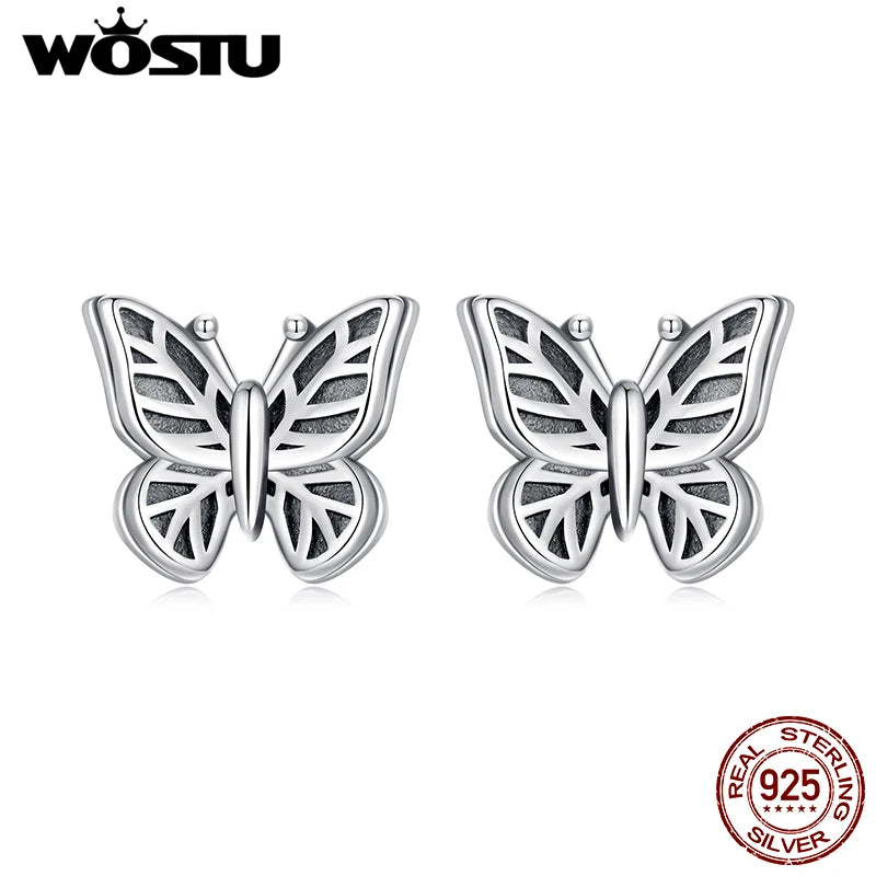 WOSTU Vintage 925 Silver Hollow Butterfly Stud Earrings For Women, Hypoallergenic Retro Ear Studs Pendient Family Lover Gift