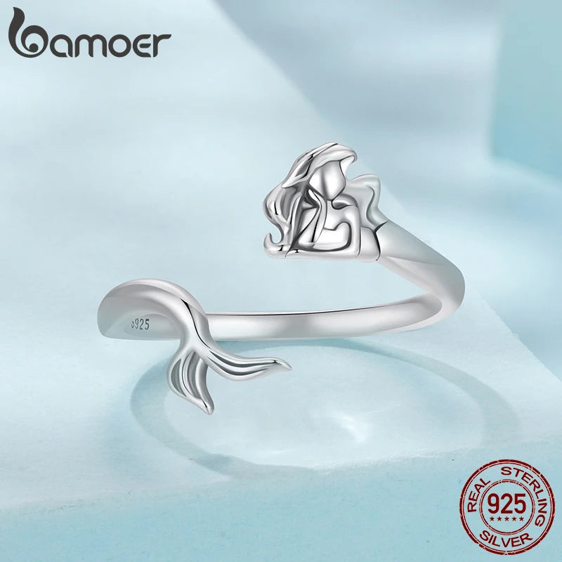 BAMOER Verstellbarer Ring, 925 Sterling Silber Märchen Kleine Meerjungfrau Offene Wickelringe für Damen Mode Party Schmuck SCR1096-E