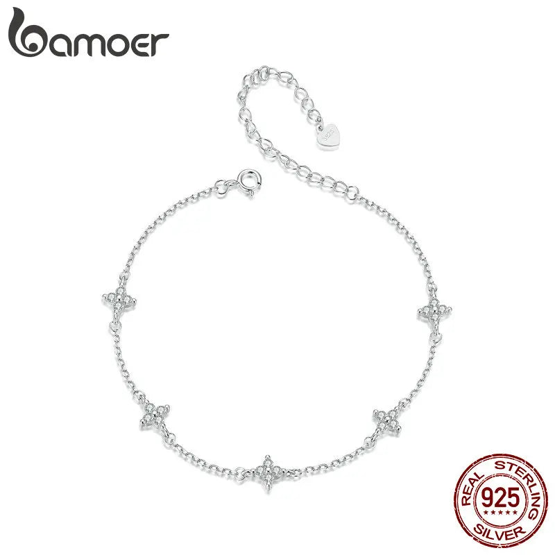 BAMOER 925 Sterling Silver Dazzling Four-Leaf Clover CZ Anklet, Chian Bracelet for Leg Female Foot Jewelry For Women BST008