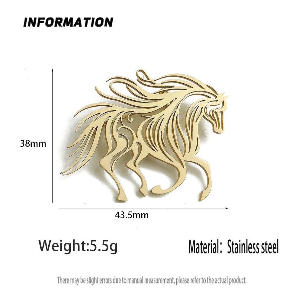Original innovative running horse hollow stainless steel gold-plated 18K brooch, suit lapel pin, waterproof formal fittings