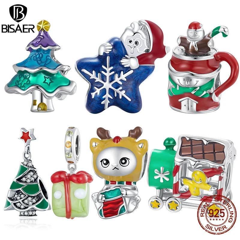 BISAER 925 Sterling Silber Weihnachtskatzenbaum-Charm-Perle Schneemann & heißer Kakao Weihnachtsmann Geschenk passend für Armband und Halskette, edler Schmuck