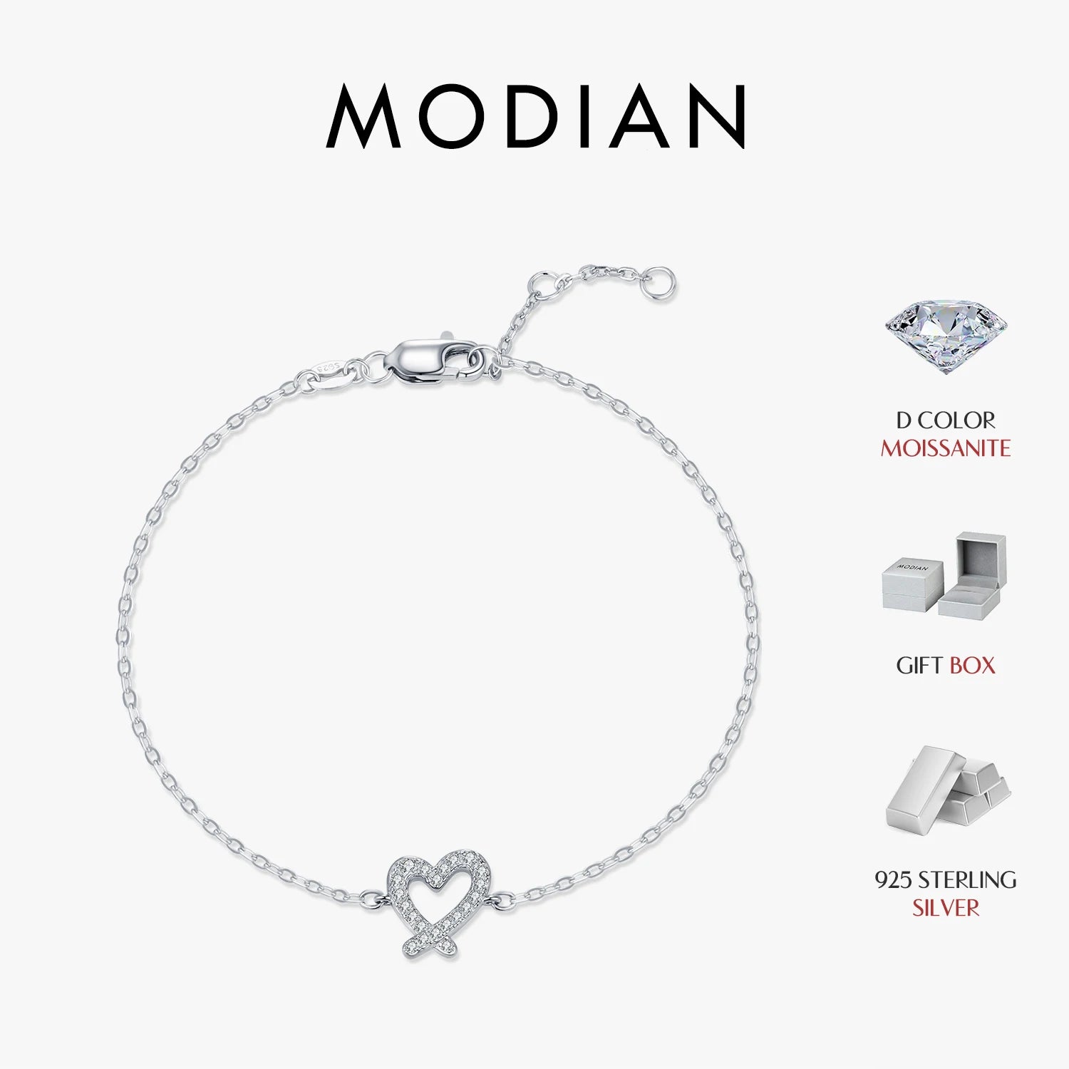 MODIAN D Color Moissanite 925 Sterling Silver Sweet Romantic Irregular Heart Link Chain Bracelet For Women Fine Jewelry
