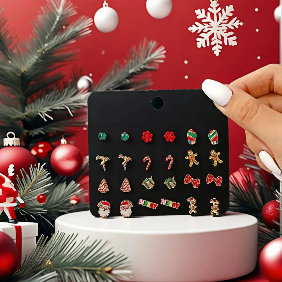 New Super Economical Earring Set 12 Pairs Per Pack Elk Snowman Socks Crutches Christmas Stud Ear Ring Pendant Casual Accessories