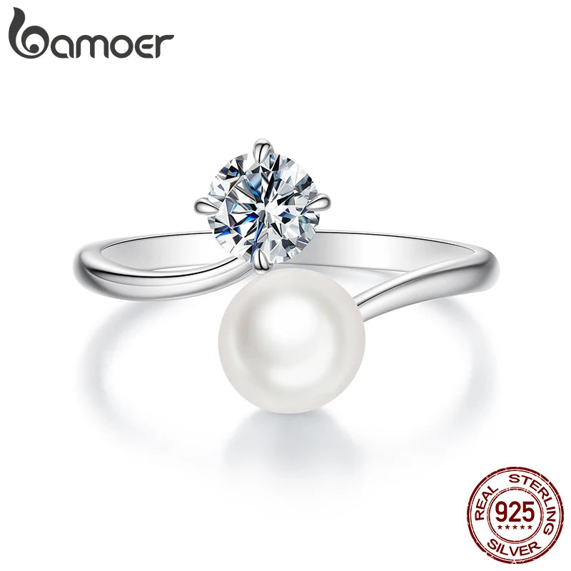 BAMOER 0.5CT Freshwater Pearl Moissanite Open Ring for Women, 925 Sterling Silver Elegant Anniversary Statement Natural Gift