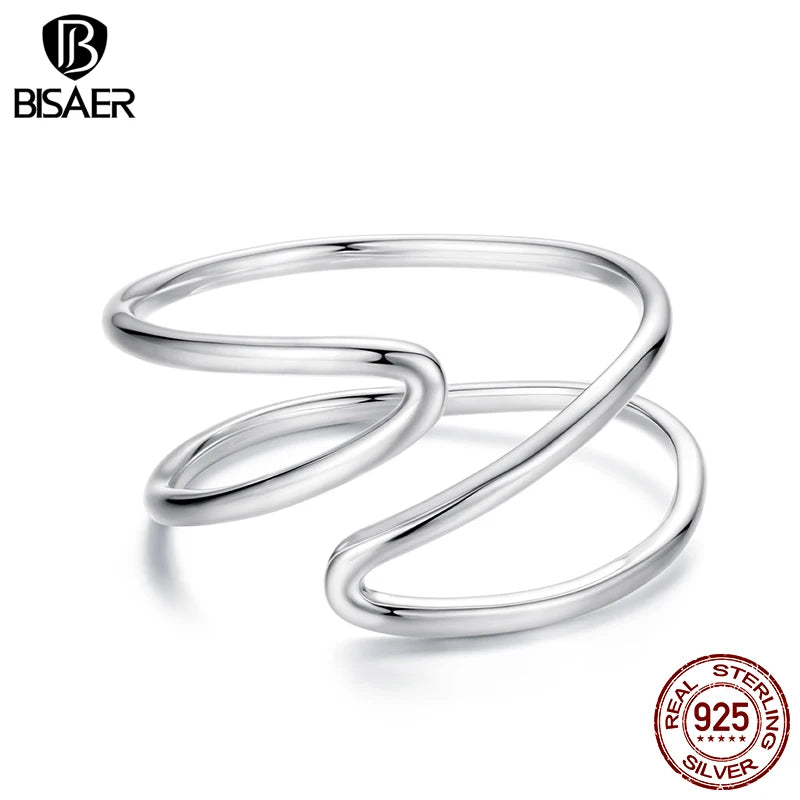 BISAER 925 Sterling Silver Double Cross Open Ring Minimalist Stackable Eternity Band for Women Party Fine Jewelry ECR1159-E