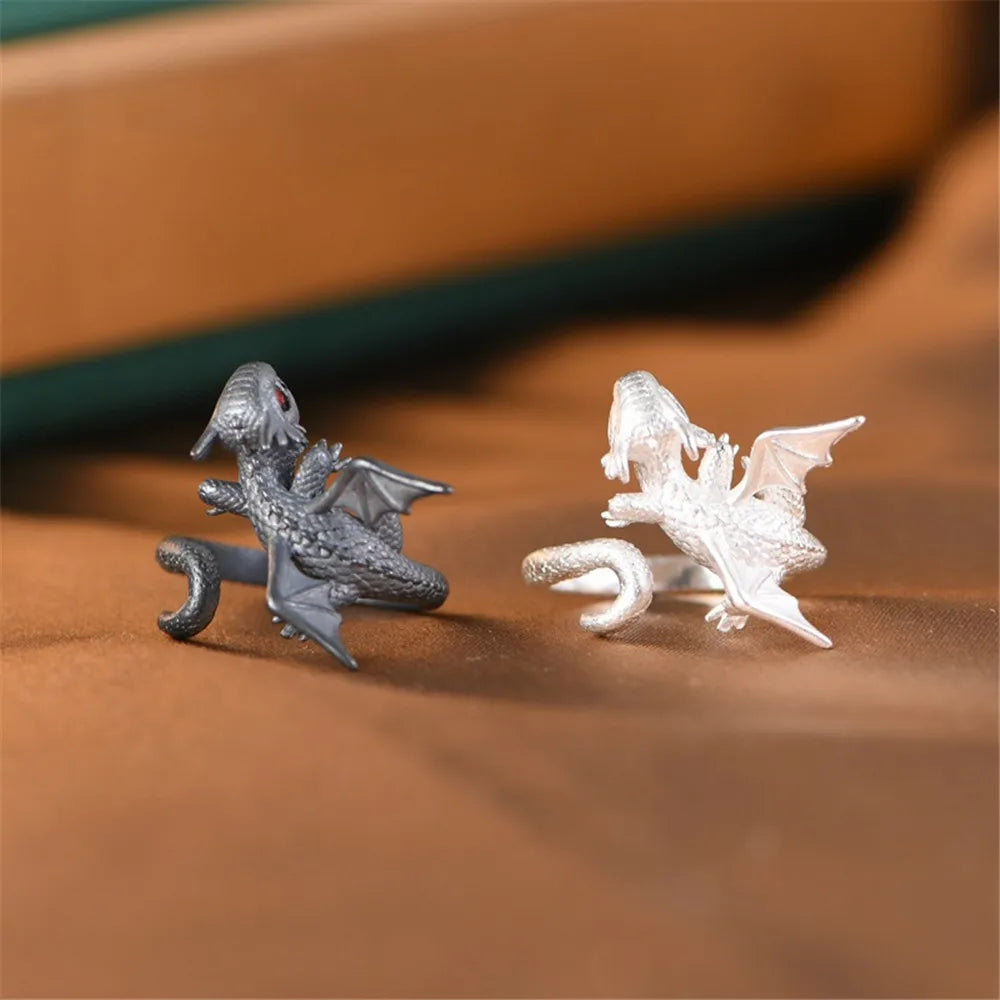 MKENDN Vintage 100% 925 Sterling Silver Red Eyes Chameleon Ring With Wings For Men and Women Gothic Street Hip Hop Punk Jewelry