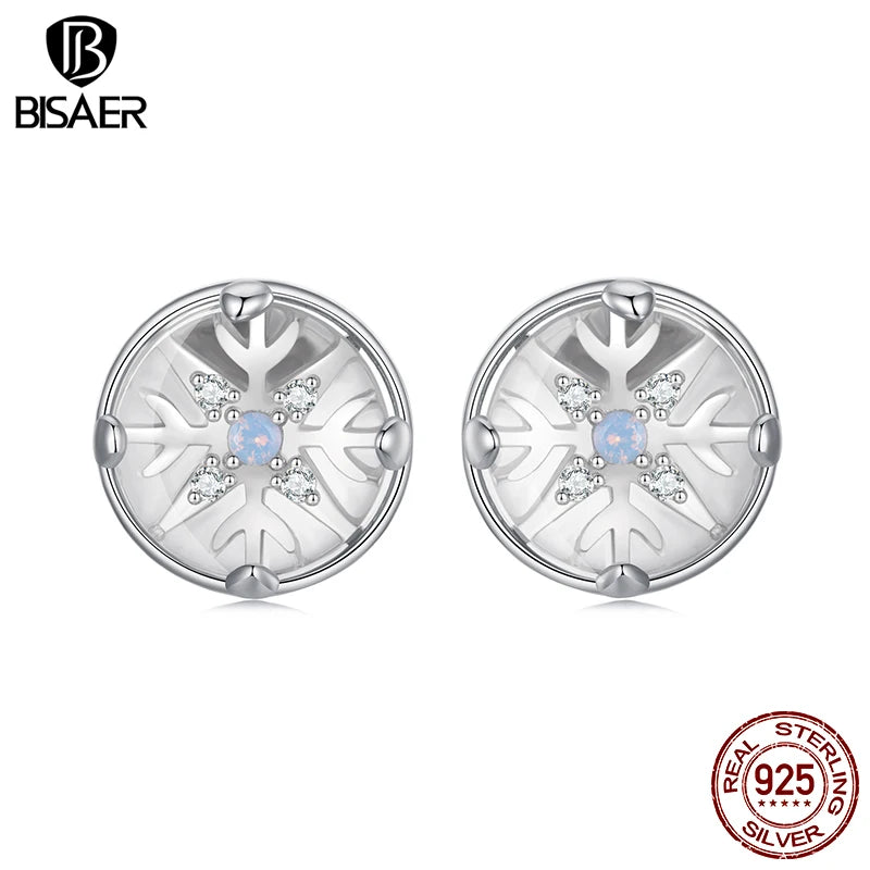 BISAER 925 Sterling Silber Kristallkugel Schneeflocke Ohrstecker Runde Ohrringe Vergoldet Weißgold für Frauen Party Edlen Schmuck