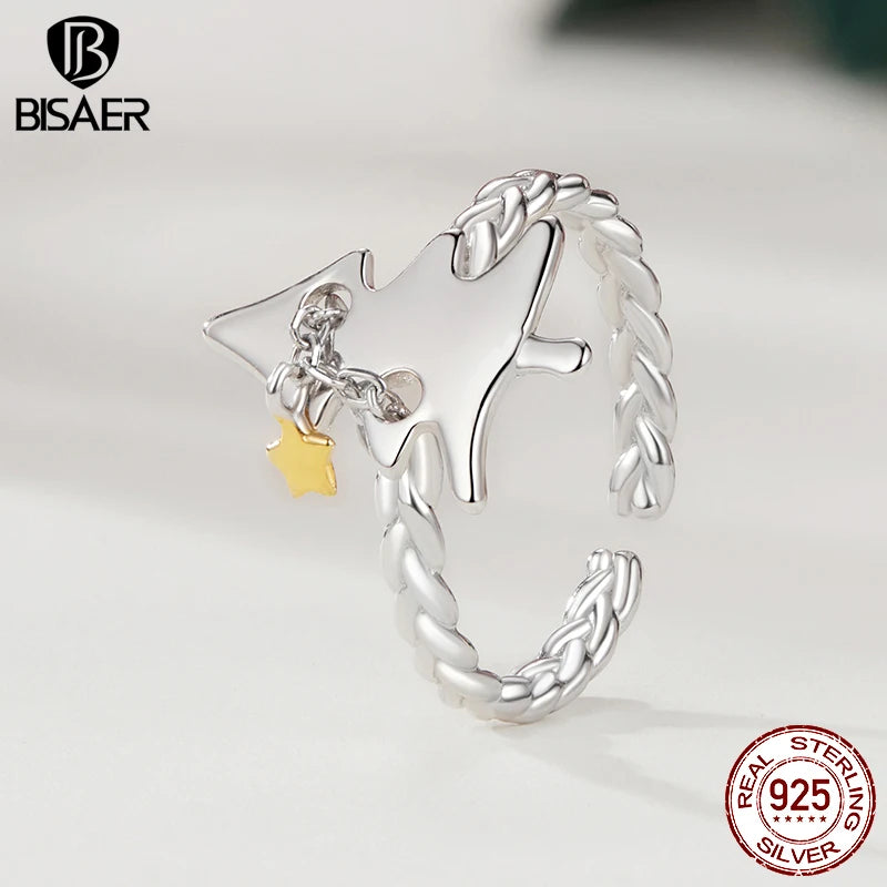 BISAER 925 Sterling Silber Weihnachtsbaum Offener Ring Zweifarbig Verstellbares Band Vergoldet Weißgold Für Damen Party Edler Schmuck