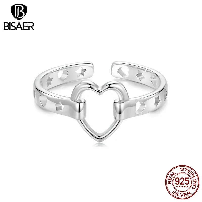 BISAER 925 Sterling Silber Hohler Herz Offener Ring Stapelbarer Verlobungsring Vergoldet Weißgold für Paar Jahrestag Edler Schmuck