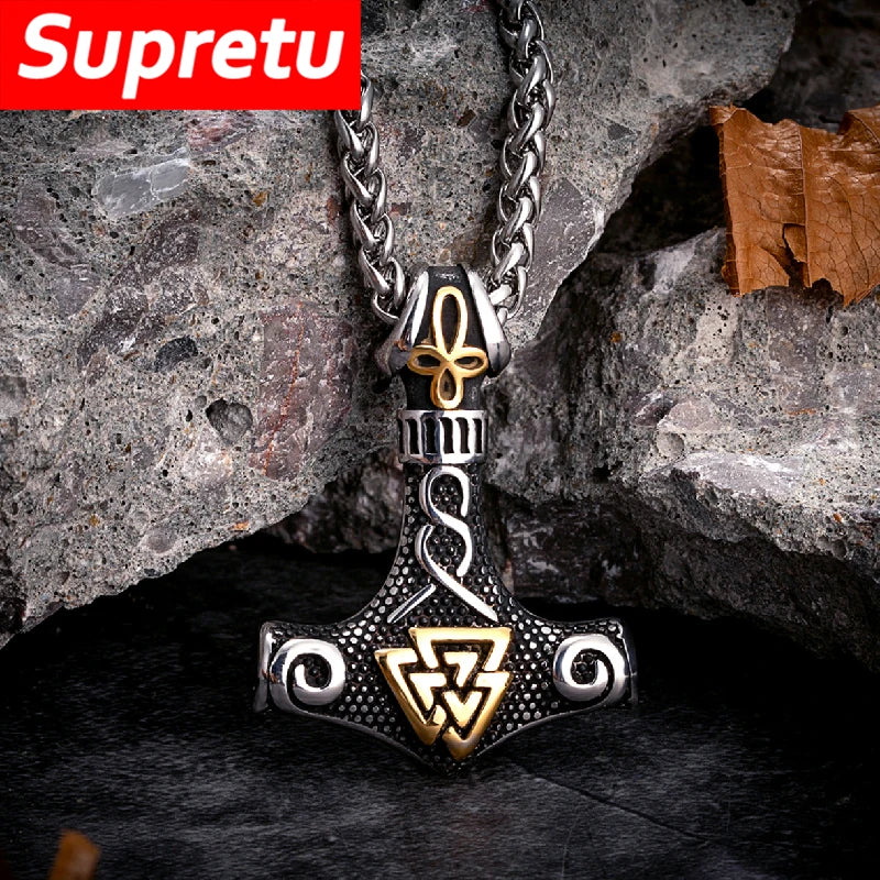 Vikings Thors Hammer Necklaces Stainless Steel Double-sided Anchor Pendant Norse Trinity Amulet Men Vintage Scandinavian Jewelry