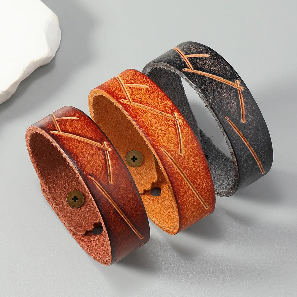 Bracelets joncs larges et ajustables en cuir de vachette vintage MKENDN pour hommes et femmes