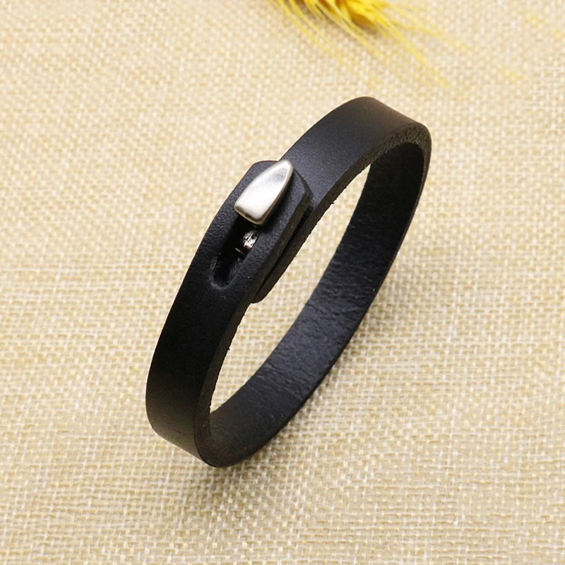 MKENDN Punk Vintage Black Brown Real Genuine Cow 11mm Wide Leather Charm Unisex Hook Buckle Bracelet Bangle Men Women Jewelry