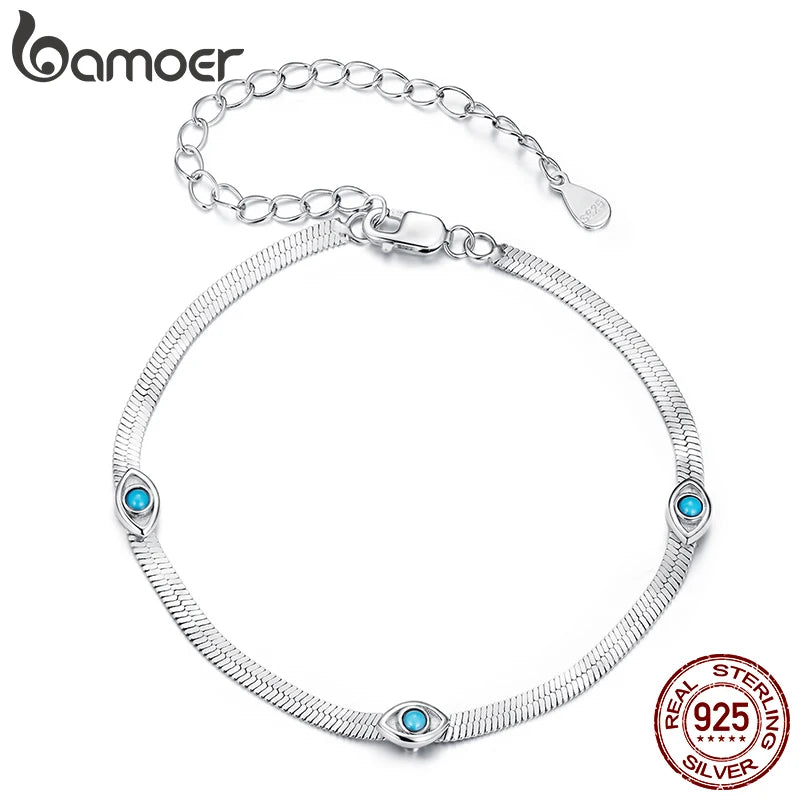 Bamoer 925 Sterling Silver Devil's Eye Bracelets Wide Flat Snake Chain Turquoise Charm Bangle Adjustable for Women Retro Gift