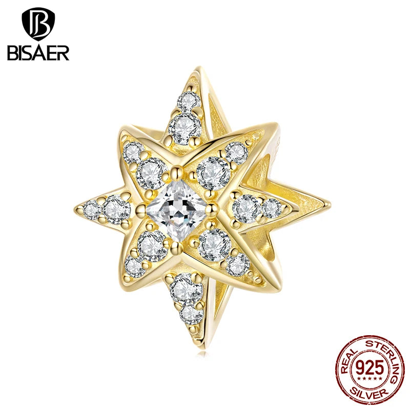 BISAER 925 Sterling Silver Starburst Charm Twinkle Star Bead Plated Gold for Women DIY Bracelet & Necklace Fine Jewelry Gift