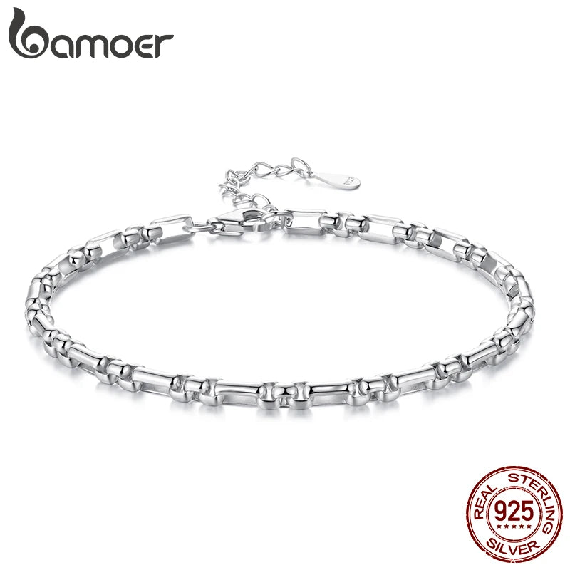 Bamoer 925 Sterling Silver Chunky Box Chain Bracelet Strand Round Beads Link Chain for Women Teens Gift Adjustable Wrist Decor