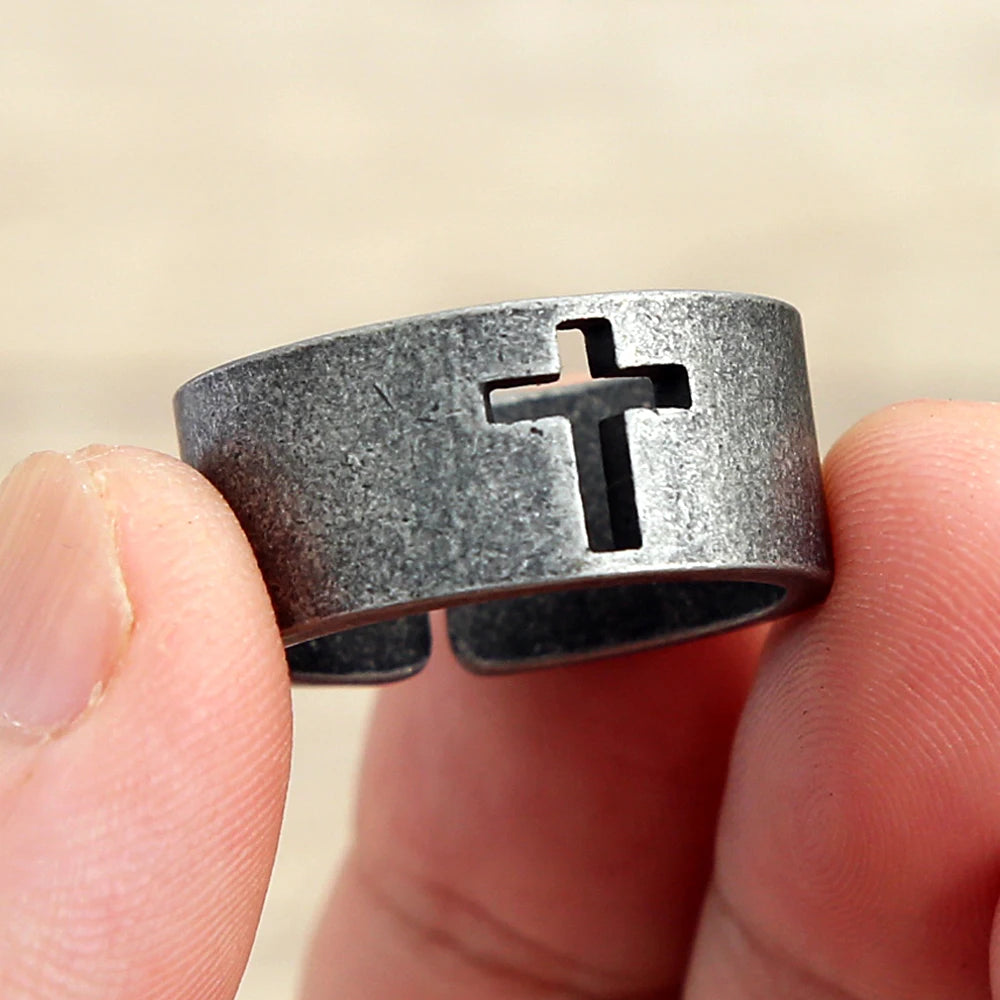 Simple Vintage Hollow Cross Rings For Men Punk Christian Ring Stainless Steel Open Finger Band Male Fashion Jewelry Wholesale
