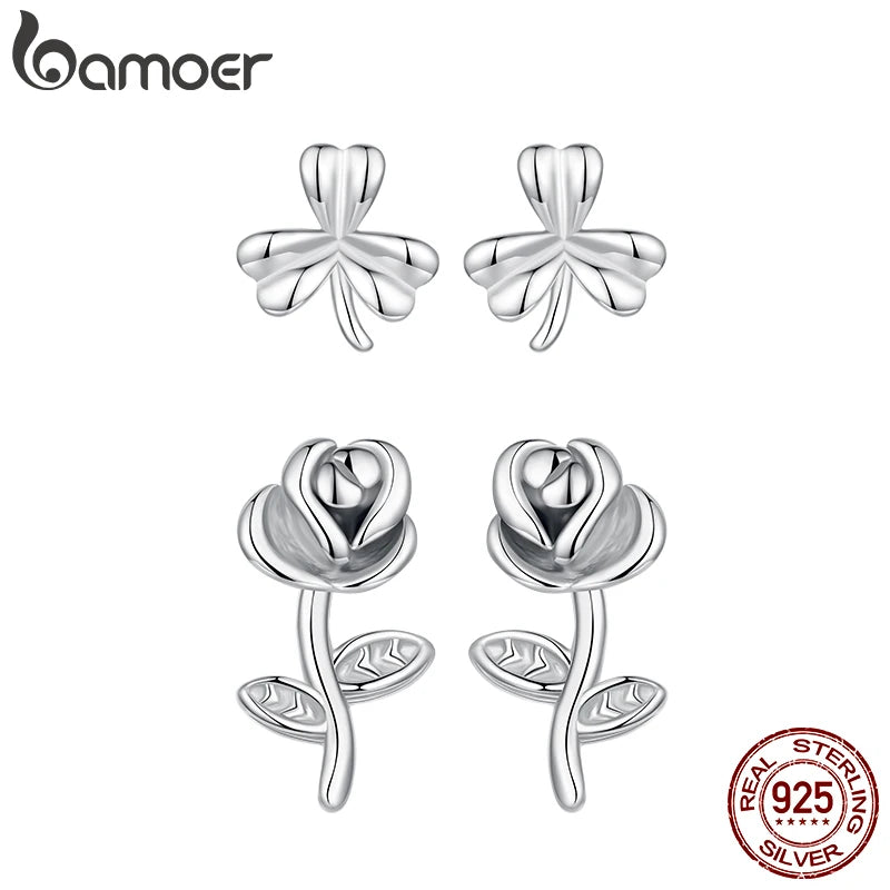 BAMOER Ohrstecker aus 925er Sterlingsilber mit Rosenblüte für Damen, weiß plattiert, mit Pflanzen- und Schmetterlingsmotiv im Vintage-Stil