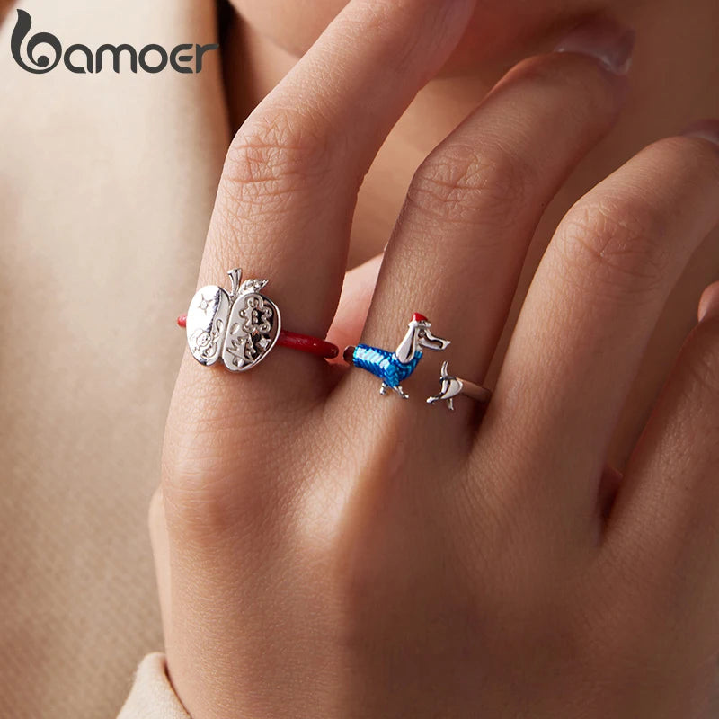 Bamoer 925 Sterling Silver Christmas Apple Tree Open Ring Adjusable Engraving Snowman Red Ring for Women Teens Sweet Xmas Gift