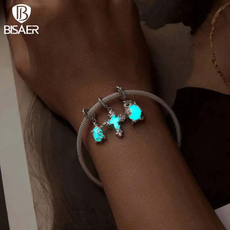 BISAER 925 Sterling Forever Luminous Star Wishing Bottle Charm Bead Moon Cat Owl Pendant Fit Women DIY Bracelet Fine Jewelry