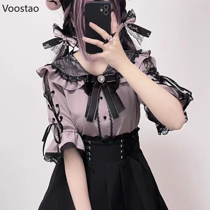 Victorian Gothic Lolita Bow Blouses Japanese Style Sweet Bandage Short Sleeve Lace Peter Pan Collar JK Shirt Women Punk Y2k Tops