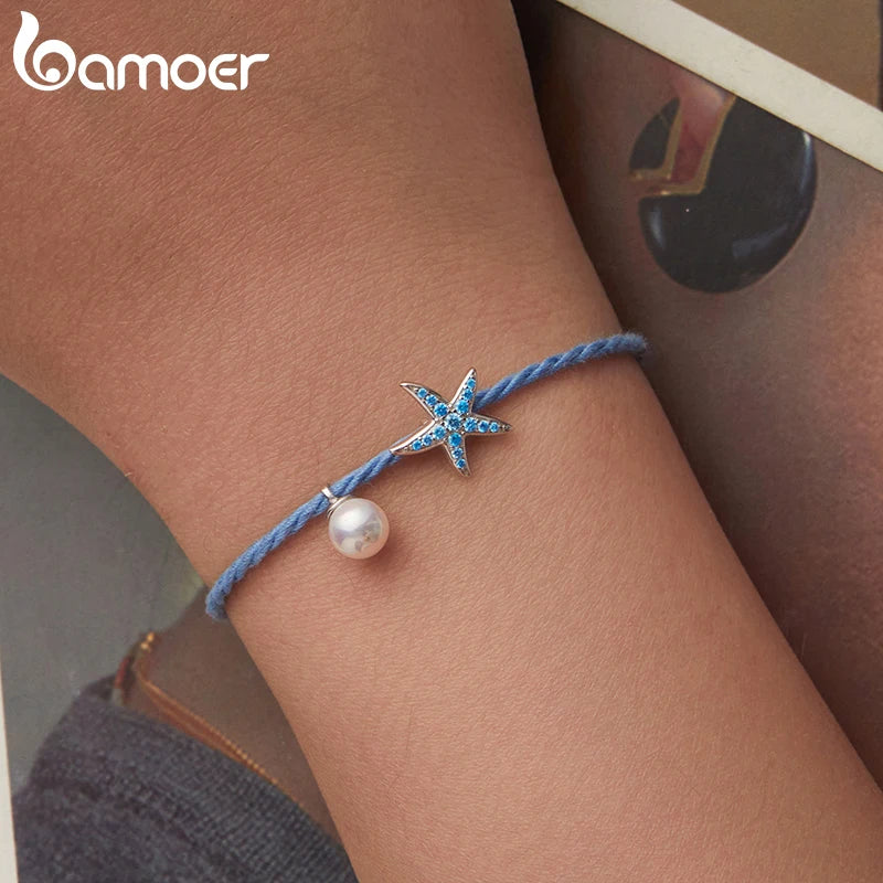 BAMOER 925 Sterling Silber Seestern-Perlenarmband, verstellbare Länge, Boho-Stil, Partyschmuck, Geburtstagsgeschenk für Frauen