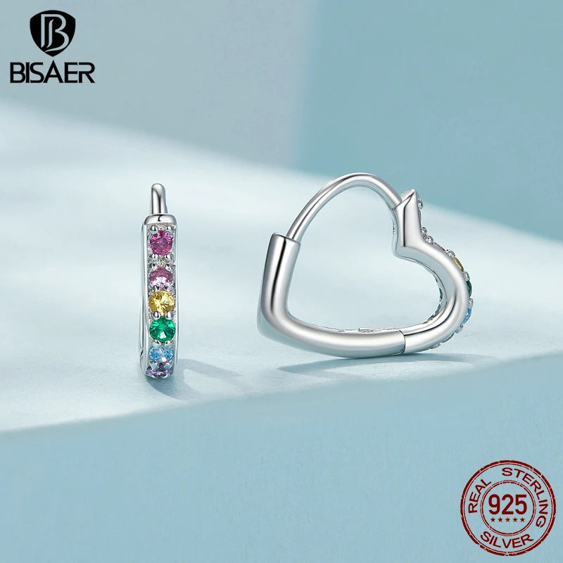 BISAER 925 Sterling Silver Dopamine Heart Hoop Earrings Minimalist Love Enamel Stud Ear for Women Original Party Fine Jewelry