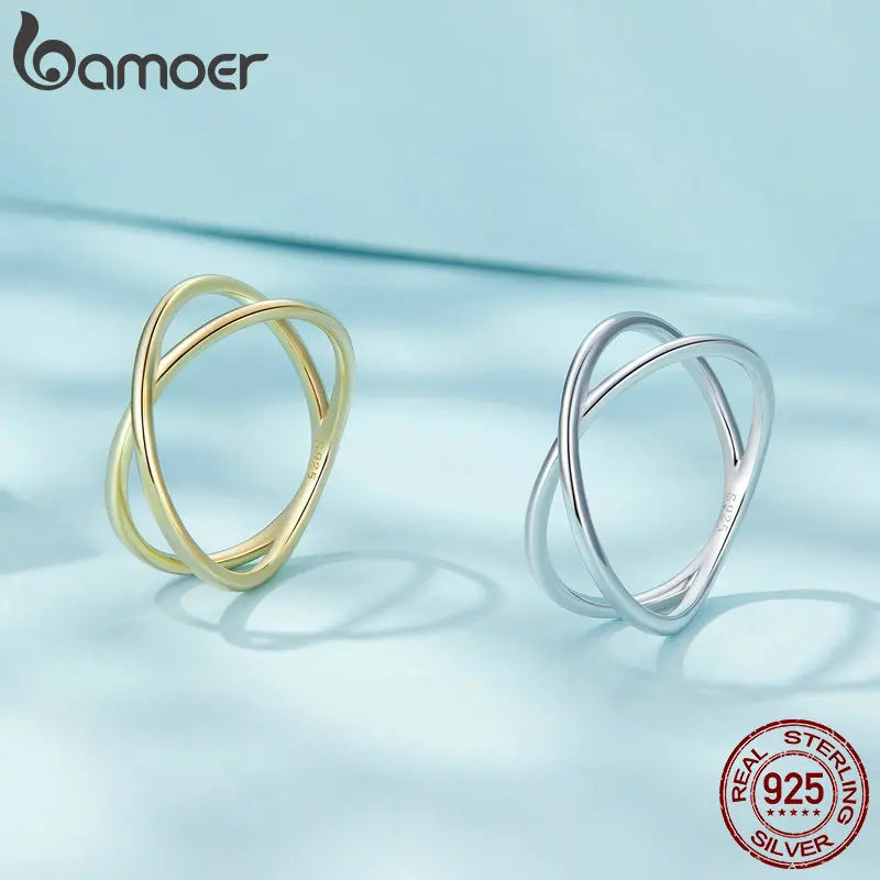 BAMOER 14K Gold Plated X Ring Dainty Minimalist 925 Sterling Silver Cross Ring for Women Promise Jewelry 2 Colors SCR543