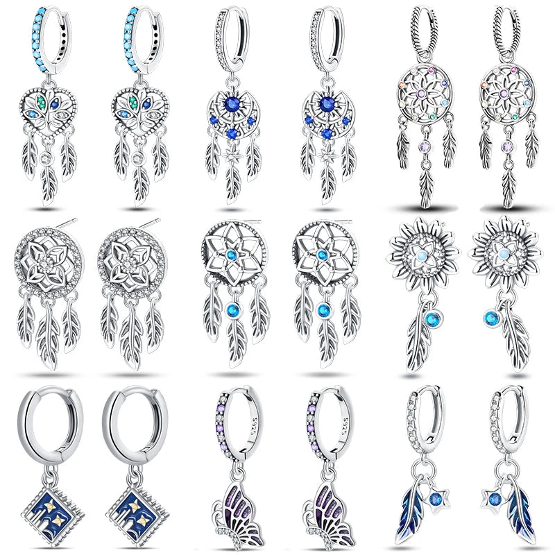 New 925 Silver Plated Shiny Dream Catcher Feather Earrings For Women Exquisite Butterfly Earrings Fashion Birthday Jewelry