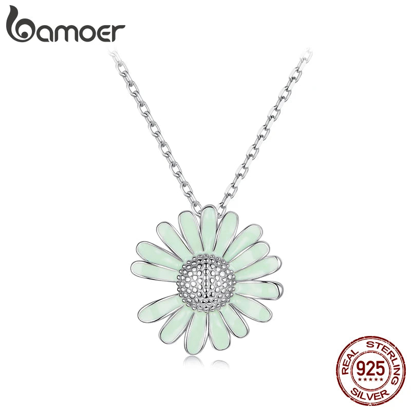 BAMOER 925 Sterling Silver Daisy Pendant Necklace Fresh Green Flower Chain Necklace for Women Teens Mother's Day Jewelry Gift