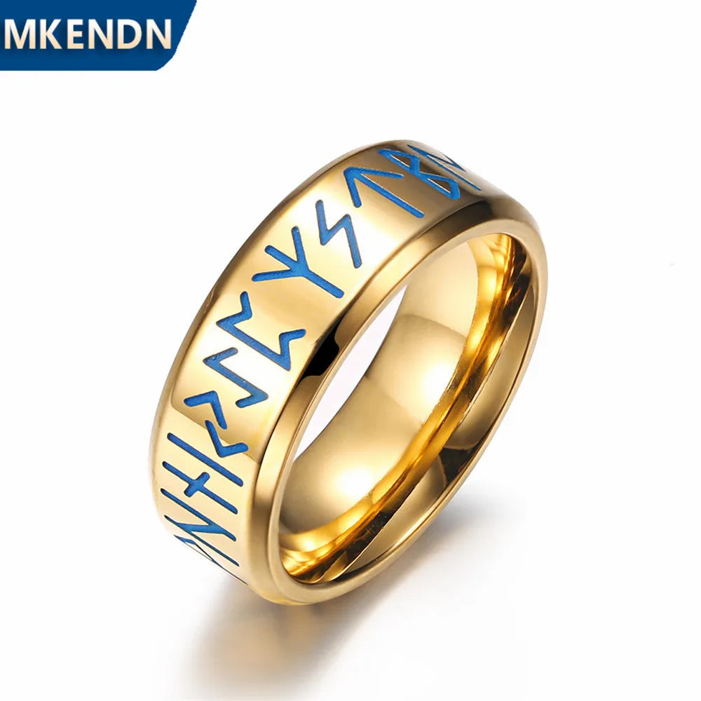 MKENDN Viking Norse Futhark Runes Ring Men's Luminous Gold Color Stainless Steel Vegvisir Amulet Male Icelandic Jewelry Gifts