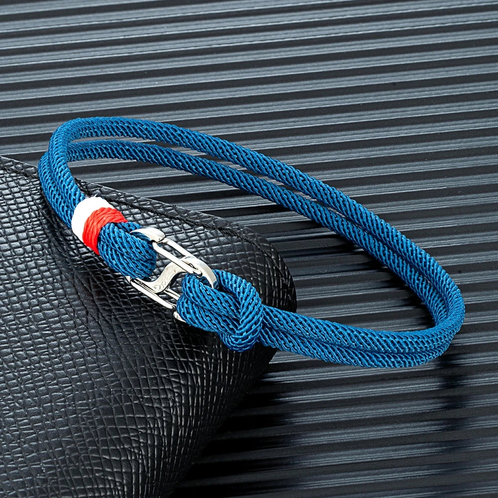 MKENDN Navy Blue Braided Rope Bracelet Stainless Steel Double Push Carabiner Clasp Survival Bracelet for Men Women Couple Gifts