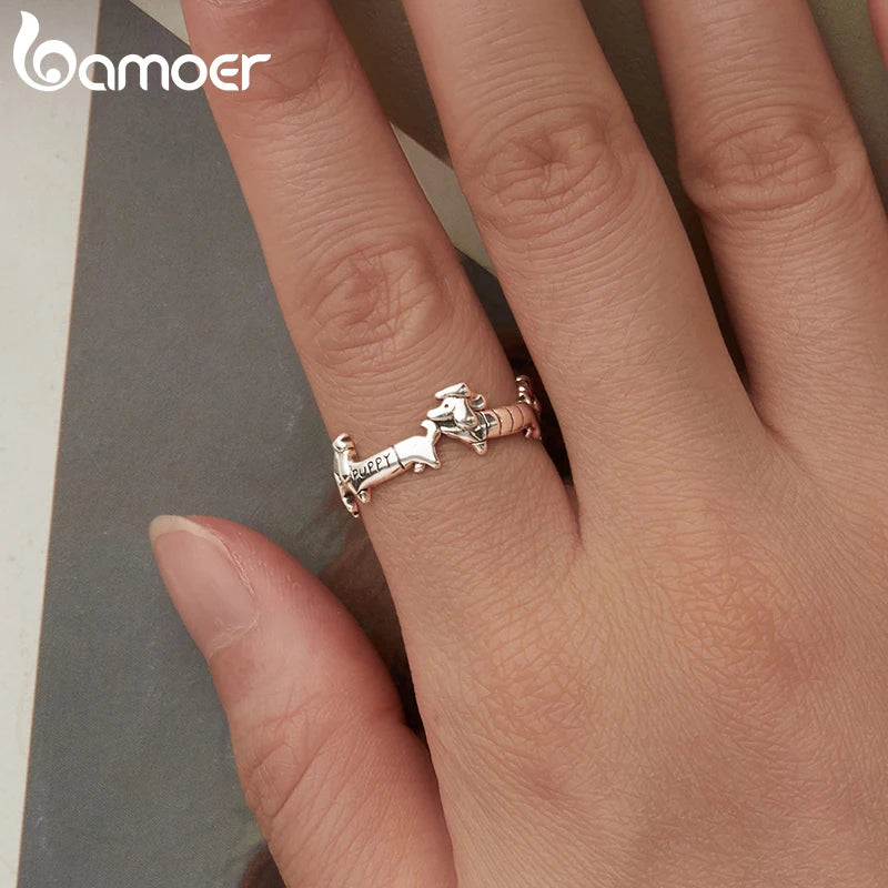 BAMOER Solid 925 Sterling Silver Dachshund Open Ring for Women, Cute Pet Dog Stacking Band Ring Chic Jewelry Gift for Pet Lover