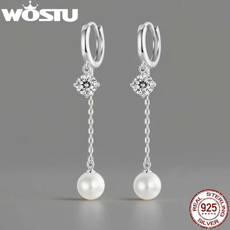 WOSTU 925 Sterling Silver Pearl Zircon Hoop Earrings For Women, 53mm Long Drop Dangle Earring Wedding Party Earrings Gift