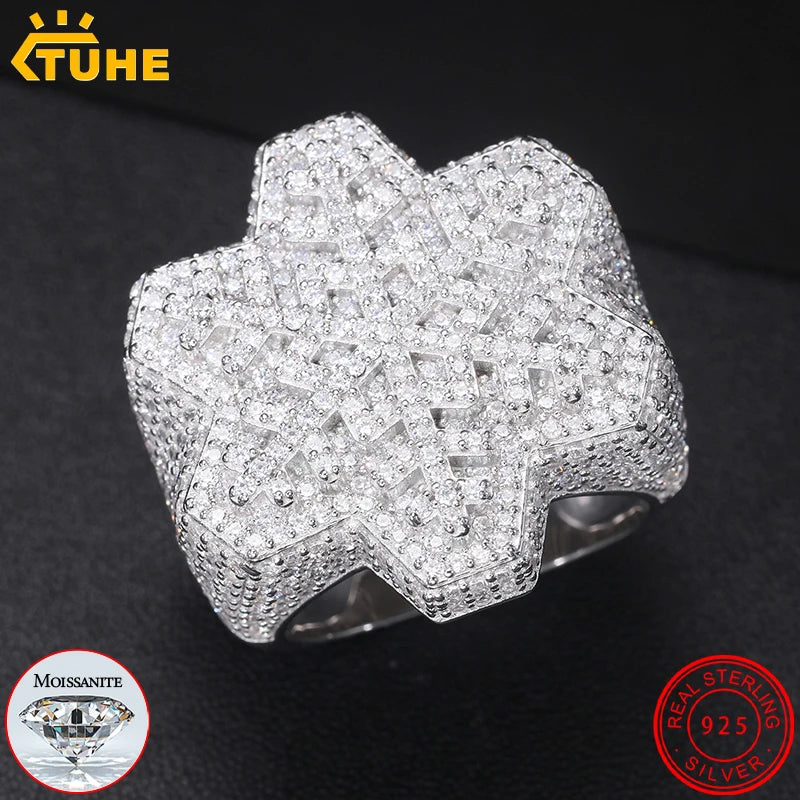 Full Moissanite Silver 925 Ring Snowflake Hip Hop Sparkling Finger Rings Jewelry for Men Women with Certificate Plated 18k Gold