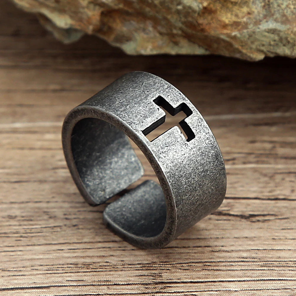 Simple Vintage Hollow Cross Rings For Men Punk Christian Ring Stainless Steel Open Finger Band Male Fashion Jewelry Wholesale