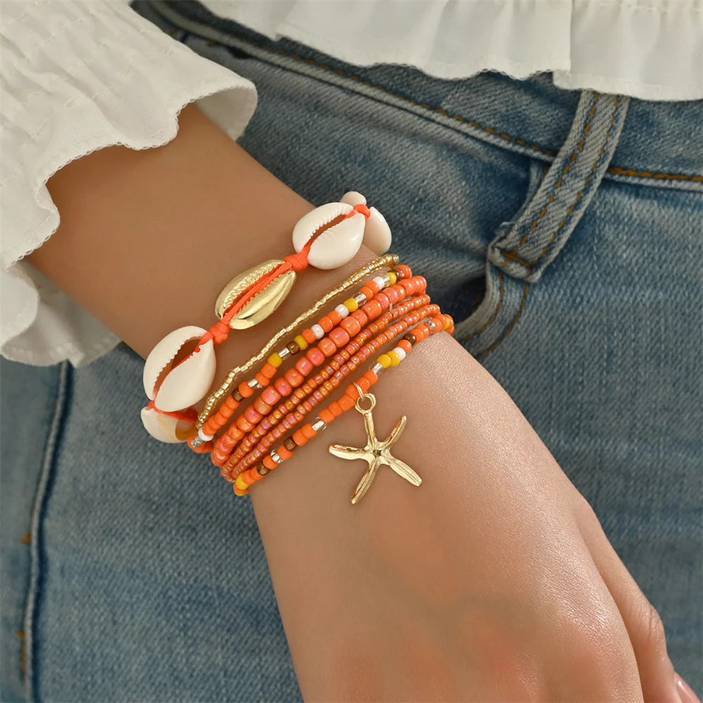 7pcs Bohemian Multilayer Ocean Style Starfish Shell Beads Summer Bracelets For Women Jewelry Perfect For Beach Vacation Festival