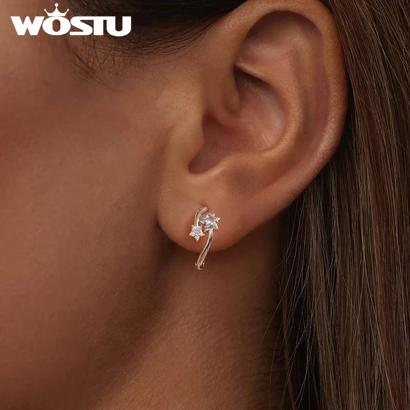 WOSTU 925 Sterling Silver Double Star Shiny Zircon Hoop Earrings For Women , Valentine Jewelry Gift Daily Praty Wear Jewelry Gif