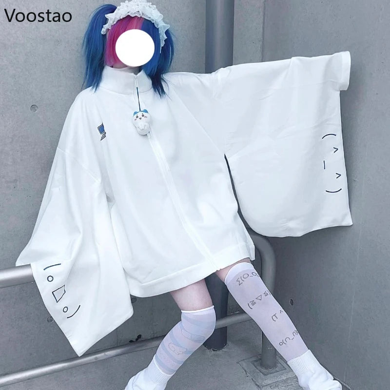Japanese Kawaii White Hoodies Women Y2k Aesthetic Oversized Embroidery Jacket Harajuku Zipper Grunge Loose Sweatshirts Autumn