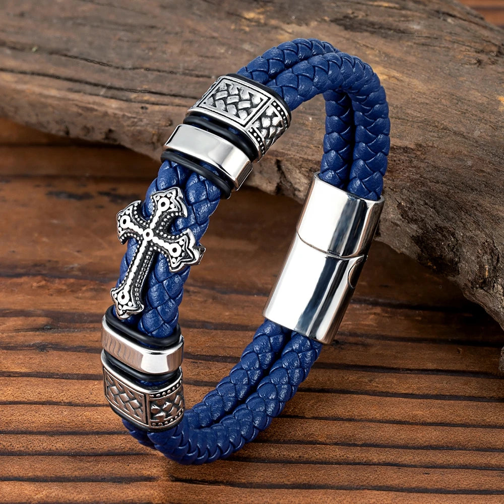 MKENDN Vintage Punk Cross Genuine Leather Bracelet Classic Stainless Steel Double-layer Braid Bangles For Men Friend Gift - Madeinsea©