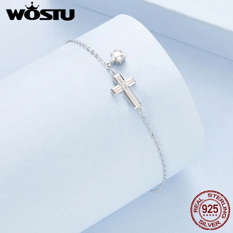 WOSTU 925 Sterling Silver Classic Cross Style Zircon Chain Bracelet For Women Fashion Stacking Cross Wrist links Family Gift