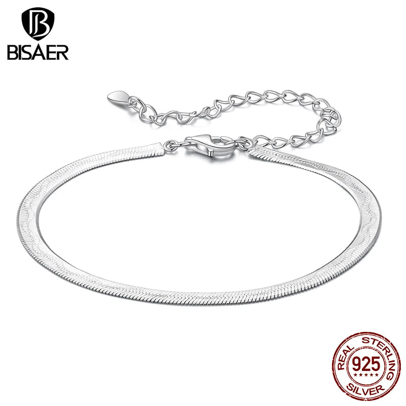 BISAER Wide Snake Bracelet 925 Sterling Silver Dainty Stackable Link Chain Adjustable for Women Trendy Fine Jewelry ECB303