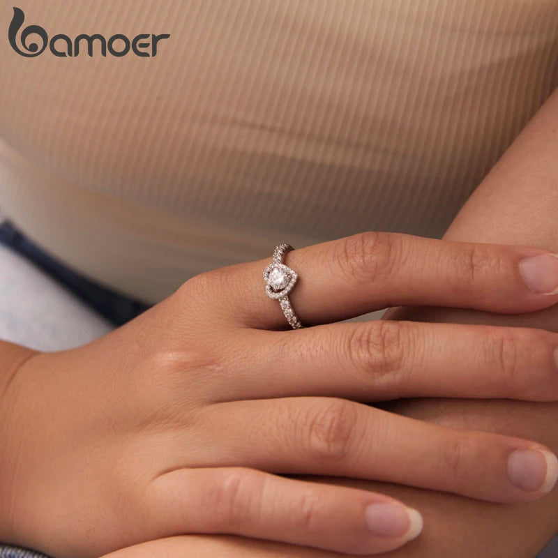 BAMOER 0.5CT Moissanite Hollowed Heart Engagement Band Ring Half Enternity Ring for Women Wedding Jewelry Round Cut D Color VVS1