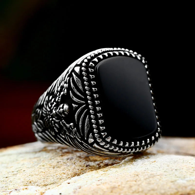 BEIER 2024 Nouveau Style 316L Acier Inoxydable Agate Noire Bague Carrée Pierre Arabe Bague Bijoux Ethniques