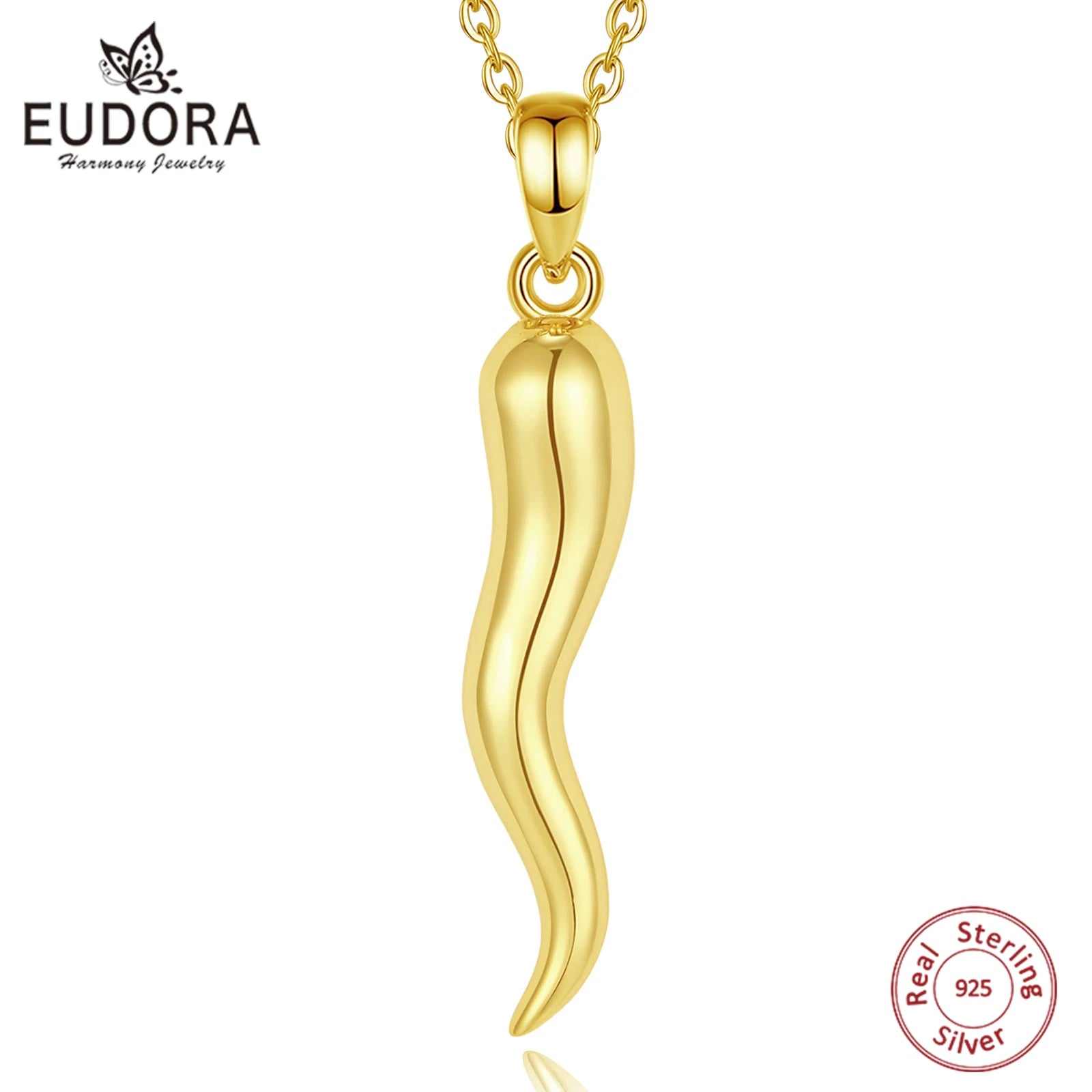 Eudora 925 Sterling Silver Italian Horn Necklace for Men Women Gold Plated Good Luck Cornicello Amulet Jewelry Unique Gift