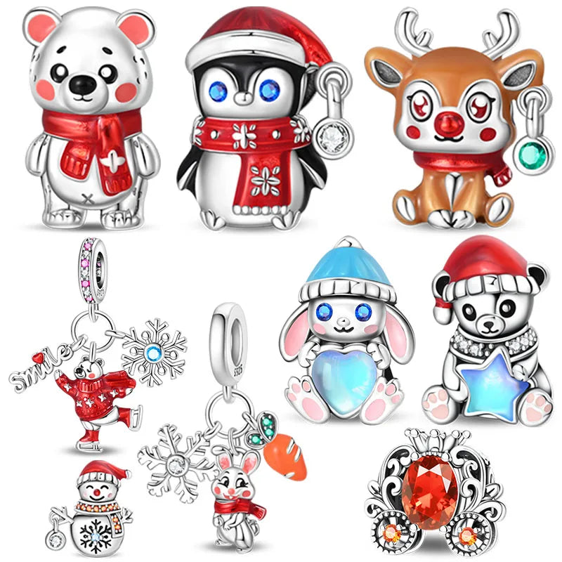 Hot Sale Charms Bead 925 Sterling Silver Winter Series Snowman Elk Christmas Pendants Fit Bangle Bracelet Necklace DIY Jewelry